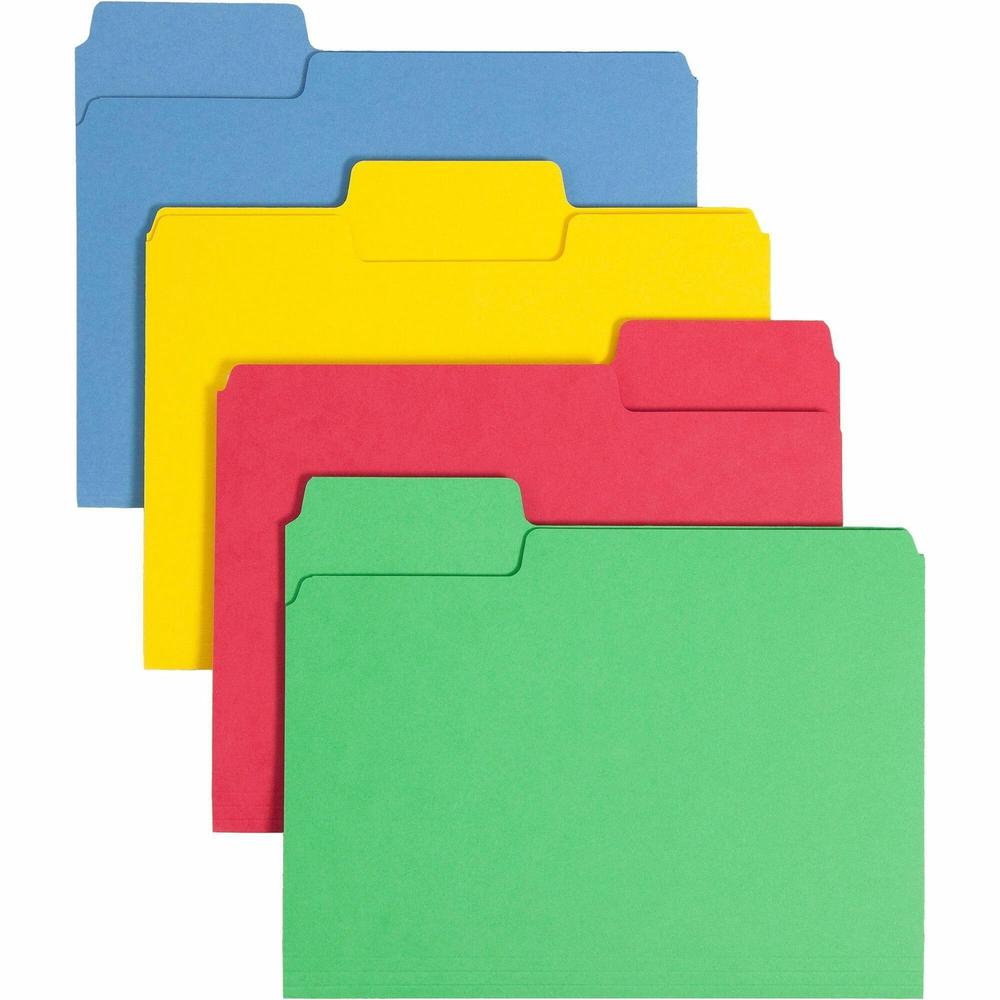Smead SuperTab 1/3 Tab Cut Letter Recycled Top Tab File Folder - 8 1/2" x 11" - 3/4" Expansion - Top Tab Location - Assorted Position Tab Position - Blue, Red, Green, Yellow - 10% Recycled - 50 / Box. Picture 1