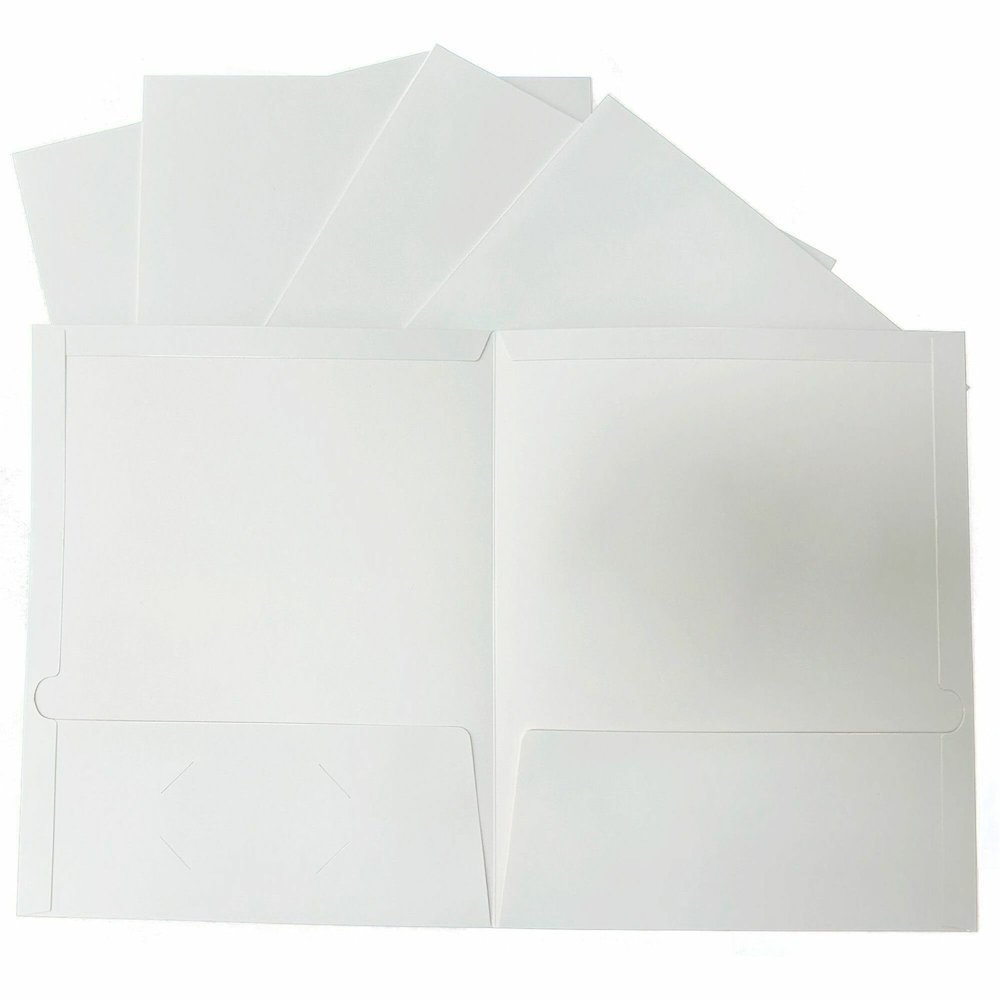 Business Source Letter Pocket Folder - 8 1/2" x 11" - 100 Sheets Capacity - 2 Internal Pocket - White - Laminated, Durable, Die-cut - 1 Box. Picture 1