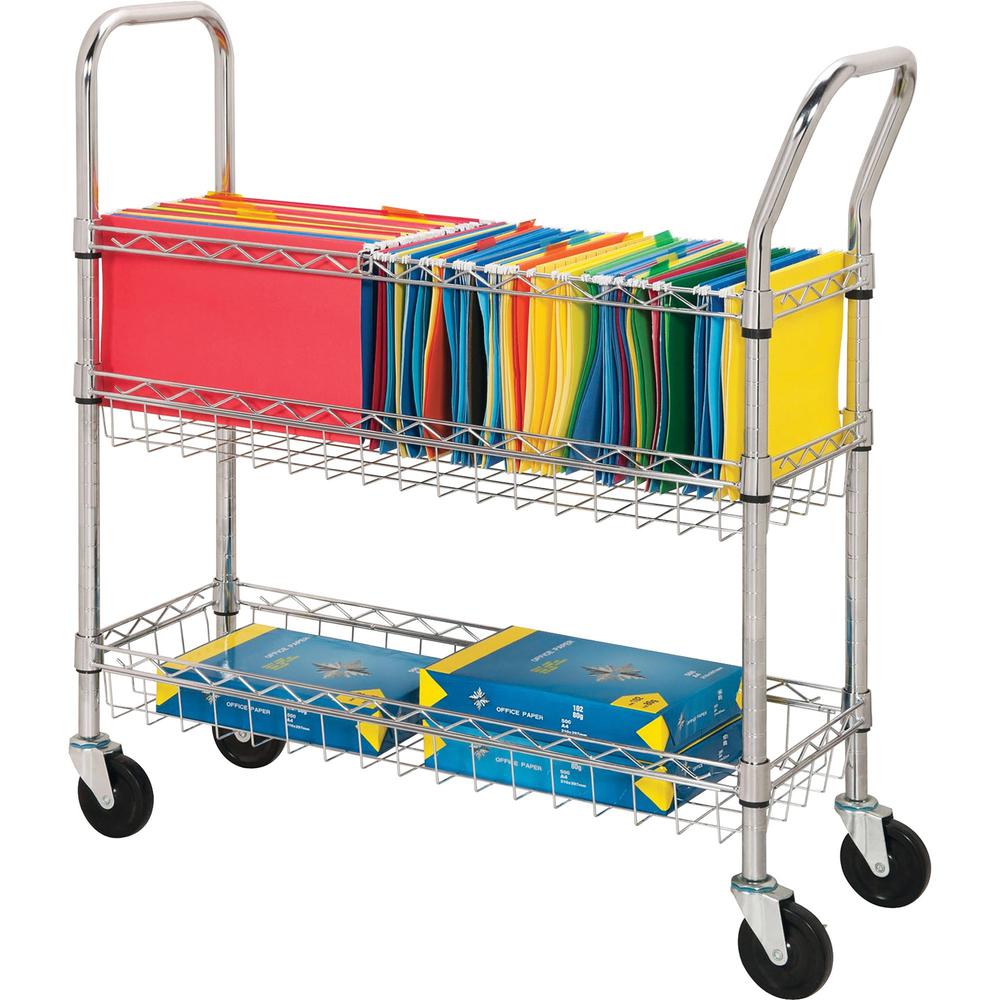 Lorell Mobile Wire Mail Cart - 99.21 lb Capacity - 4 Casters - 4" Caster Size - Steel - x 34.3" Width x 12.5" Depth x 40" Height - Chrome - 1 Each. Picture 1