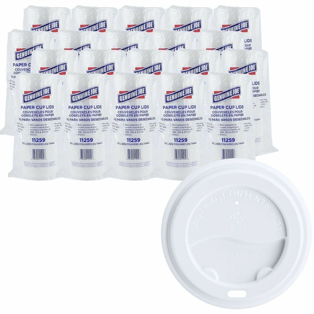 Genuine Joe Hot Cup Protective Lids - Polystyrene - White - 50/Pack - 20 / Carton. Picture 1