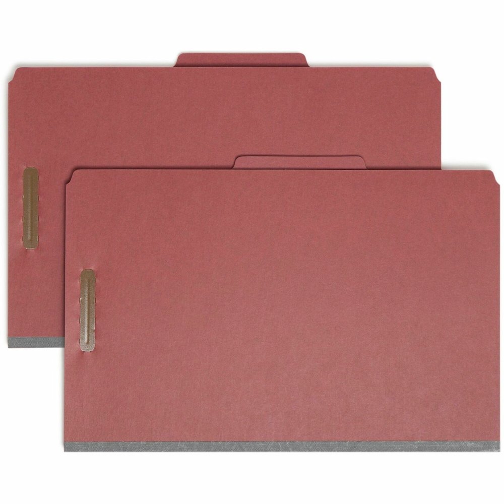 Smead 2/5 Tab Cut Legal Recycled Classification Folder - 8 1/2" x 14" - 3" Expansion - 2 x 2K Fastener - Top Tab Location - Right of Center Tab Position - 3 Divider - 25 pt. - Pressboard - Red - Eco-f. Picture 1