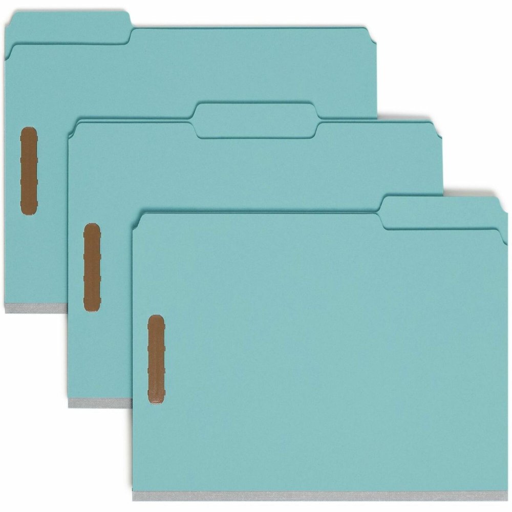 Smead 1/3 Tab Cut Letter Recycled Fastener Folder - 8 1/2" x 11" - 2" Expansion - 2 x 2K Fastener - Assorted Tab Position - 1 Plys - Pressboard - Blue - Eco-friendly, Heavy Duty, Dye-free - 100% Recyc. Picture 1