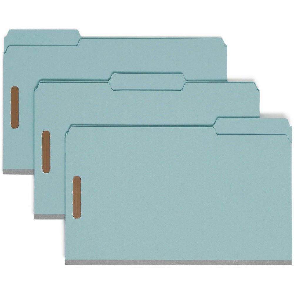 Smead 1/3 Tab Cut Legal Recycled Fastener Folder - 9 1/2" x 14 5/8" - 2" Expansion - 2 x 2K Fastener - Folder - Assorted Tab Position - 1 Plys - Pressboard - Blue - Eco-friendly, Heavy Duty, Dye-free . Picture 1