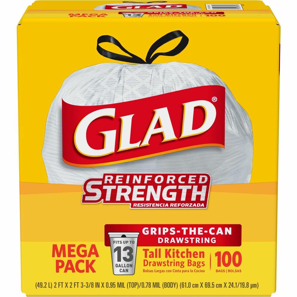 Glad ForceFlex Tall Kitchen Drawstring Trash Bags - 13 gal Capacity - 24" Width x 27" Length - 9 mil (229 Micron) Thickness - Drawstring Closure - White - Plastic - 100/Box - Kitchen, Office, Day Care. Picture 1