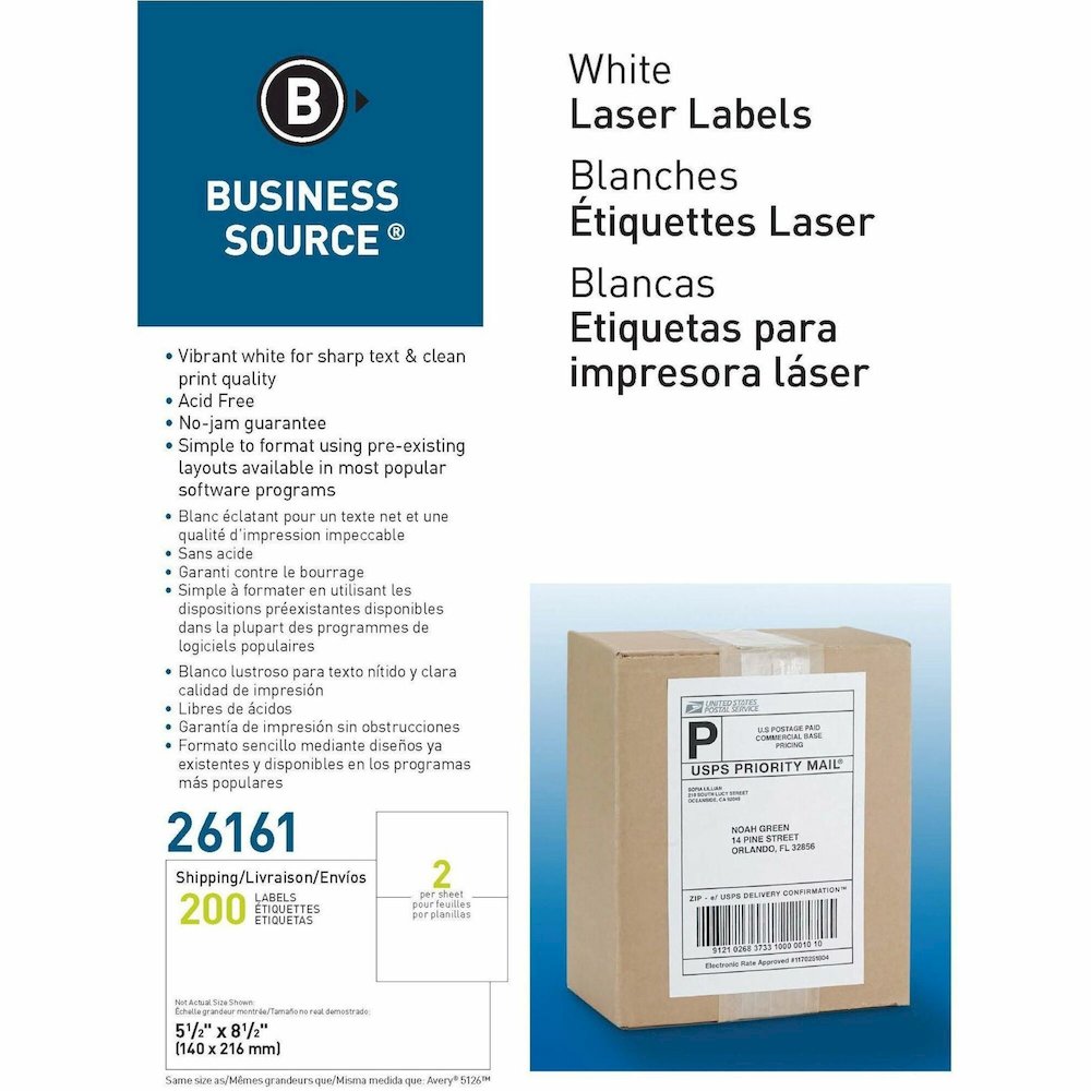Business Source Shipping Labels - 5 1/2" Width x 8 1/2" Length - Permanent Adhesive - Rectangle - Laser, Inkjet - White - 2 / Sheet - 100 Total Sheets - 1 Box. Picture 1