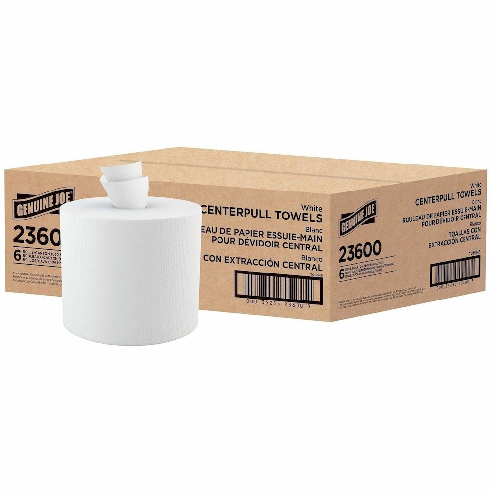 Genuine Joe Centerpull Paper Towels - 2 Ply - 8.13" Width x 7.56" Length - 600 Sheets/Roll - 3 1/16" Core - White - Fiber - 6 / Carton. Picture 1