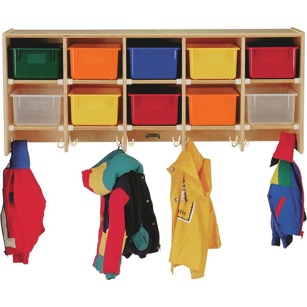 Jonti-Craft 10 Section Wall Mount Coat Locker - 10 Compartment(s) - 20" Height x 48" Width x 15.5" Depth - Hanging Hook, Sturdy, Stain Resistant, Non-yellowing - Oak - Baltic Birch - 1 Each. Picture 1
