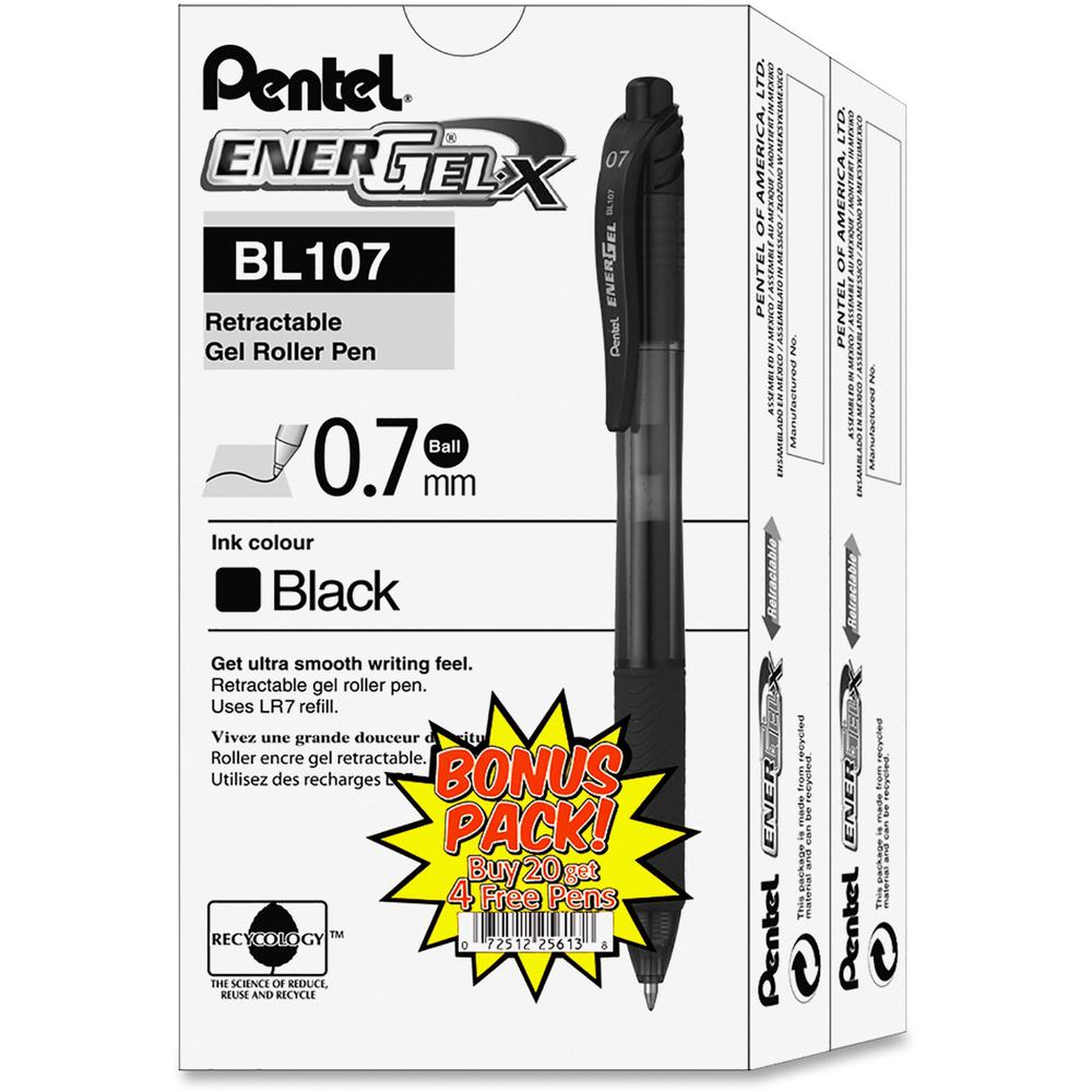 EnerGel EnerGel-X Retractable Gel Pens - Medium Pen Point - 0.7 mm Pen Point Size - Refillable - Retractable - Black Gel-based Ink - Black Barrel - Metal Tip - 24 / Pack. Picture 1