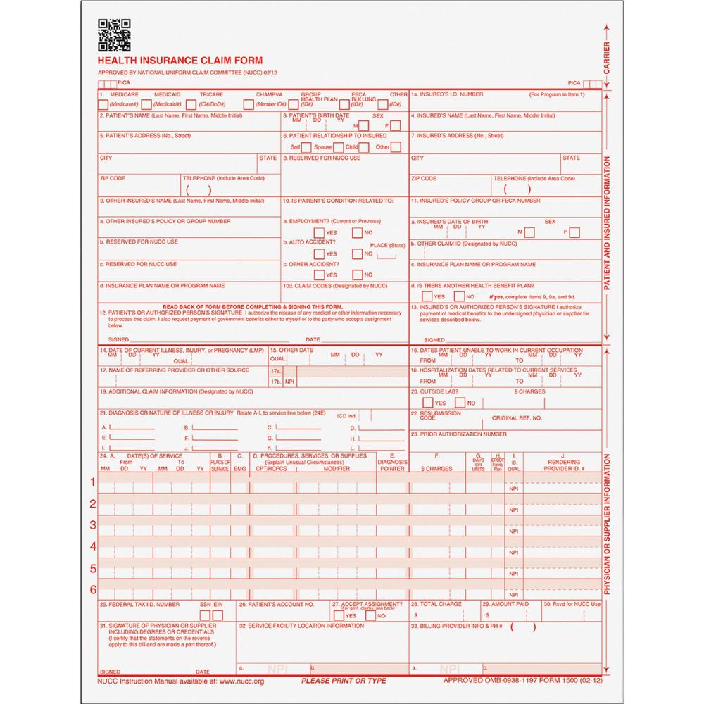 TOPS CMS-15000 Health Insurance Claim Forms - 20 lb - 11" x 8.50" Sheet Size - White Sheet(s) - Red Print Color - 1 Pack. Picture 1