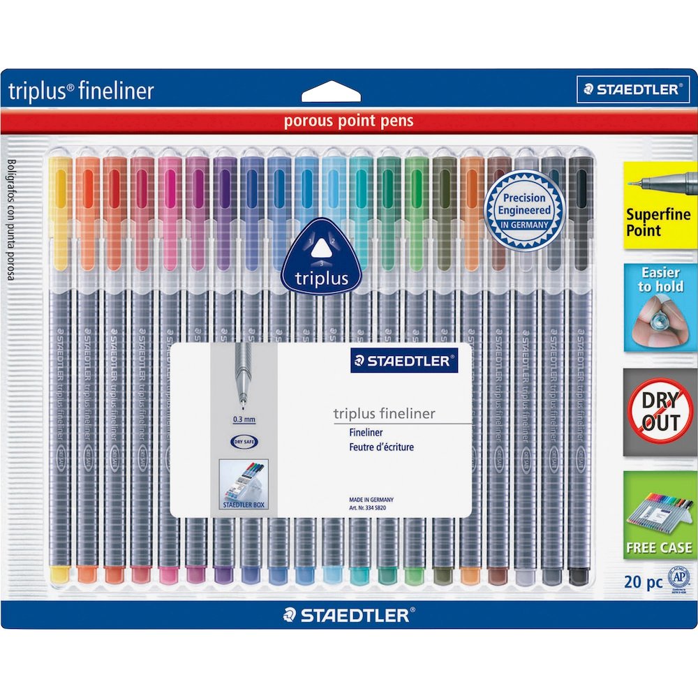 Staedtler Triplus Fineliner Pens - Washable - Assorted Ink - Water Based - Polypropylene Barrel - Metal Tip - 20 / Pack. Picture 1