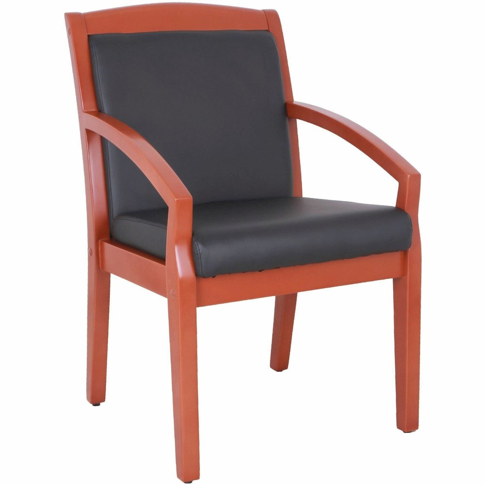 Lorell Sloping Arms Wood Frame Guest Chair - Black Seat Color - Bonded Leather Seat Material - Black Back Color - Bonded Leather Back Material - Cherry Frame Color - Wood Frame Material - Four-legged . Picture 1