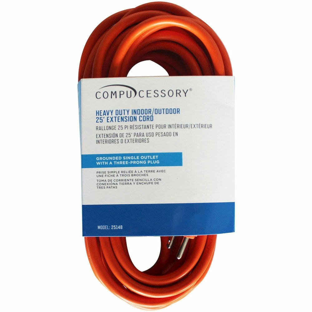 Compucessory Heavy-duty Indoor/Outdoor Extension Cord - 16 Gauge - 125 V AC / 13 A - Orange - 25 ft Cord Length - 1 Each. Picture 1