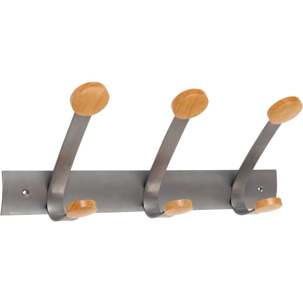 Alba Double Wooden Wall Coat Hook - 3 Hooks - 3 Pegs - 6.9" Height x 17.7" Width - for Coat, Clothes - Metal - Powder Coated - 1 Each. Picture 1