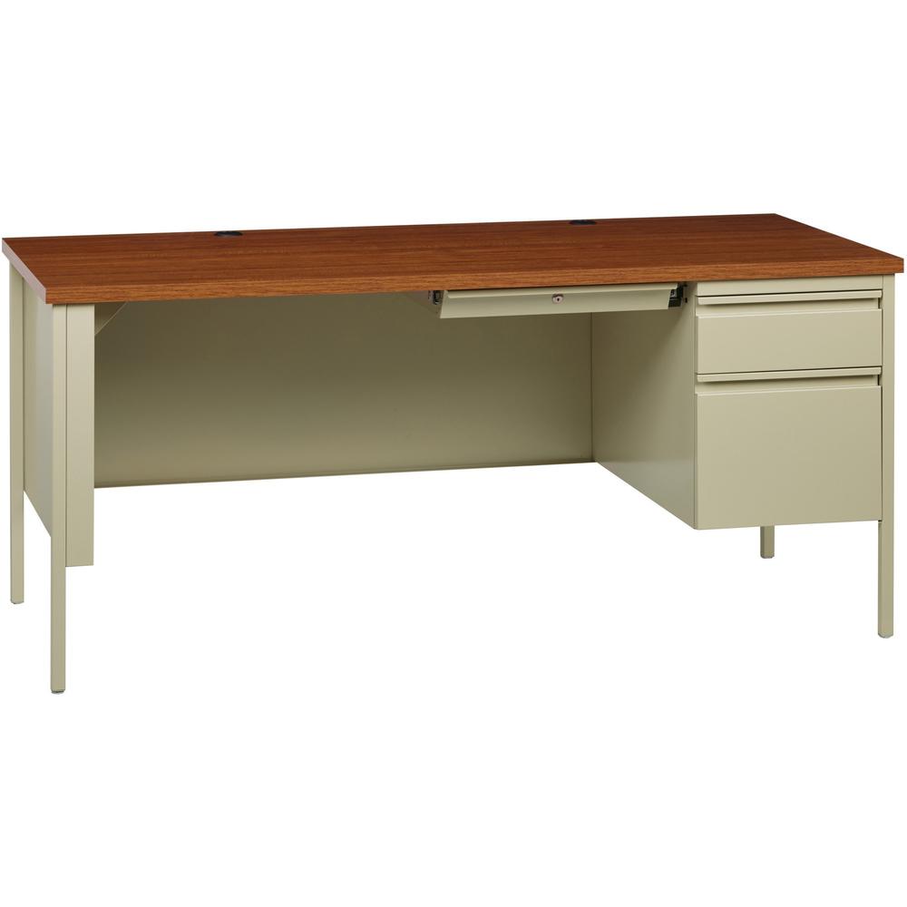Lorell Fortress Series 66" Right-Pedestal Desk - Oak Laminate Rectangle Top - 30" Table Top Length x 66" Table Top Width x 1.13" Table Top Thickness - 29.50" Height - Assembly Required - Oak, Putty - . Picture 1