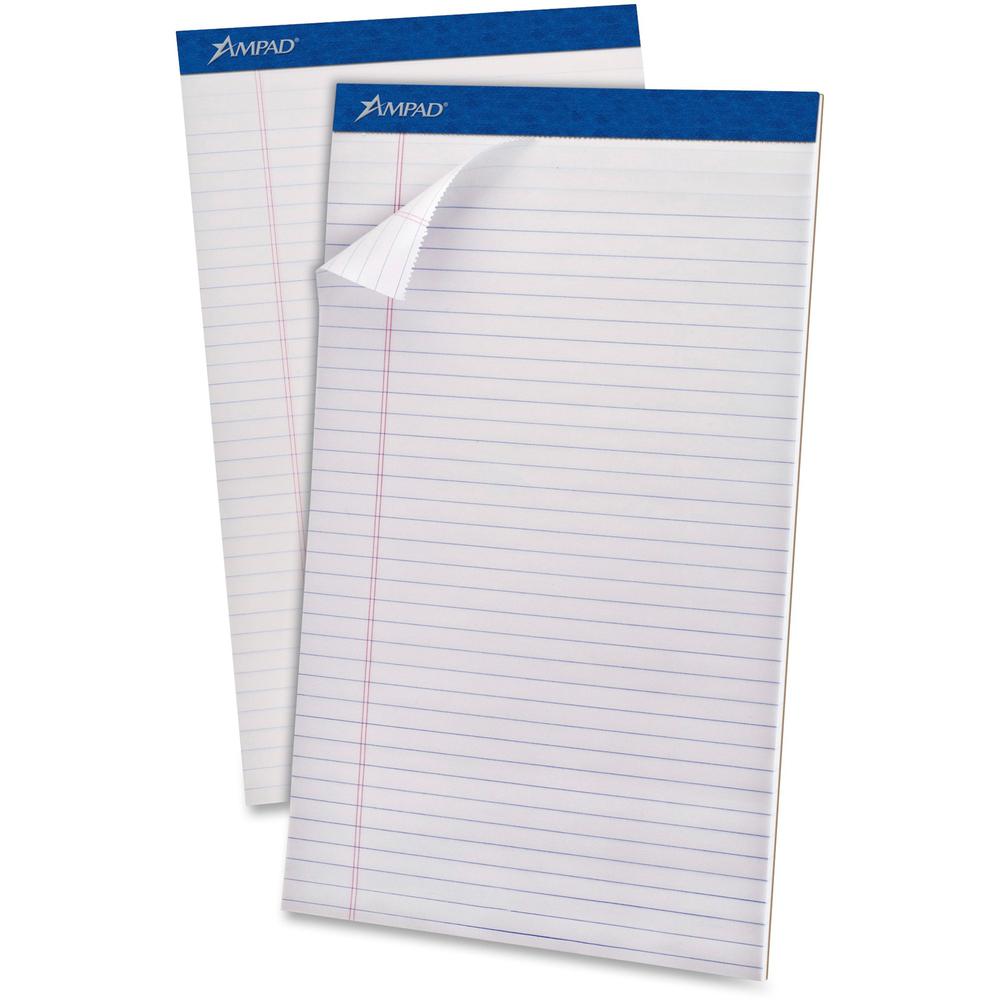 Ampad Perforated Ruled Pads - Legal - 50 Sheets - Stapled - 0.34" Ruled - 20 lb Basis Weight - Legal - 8 1/2" x 14" - White Paper - White Cover - Sturdy Back, Header Strip, Pinhole Perforated, Chipboa. Picture 1