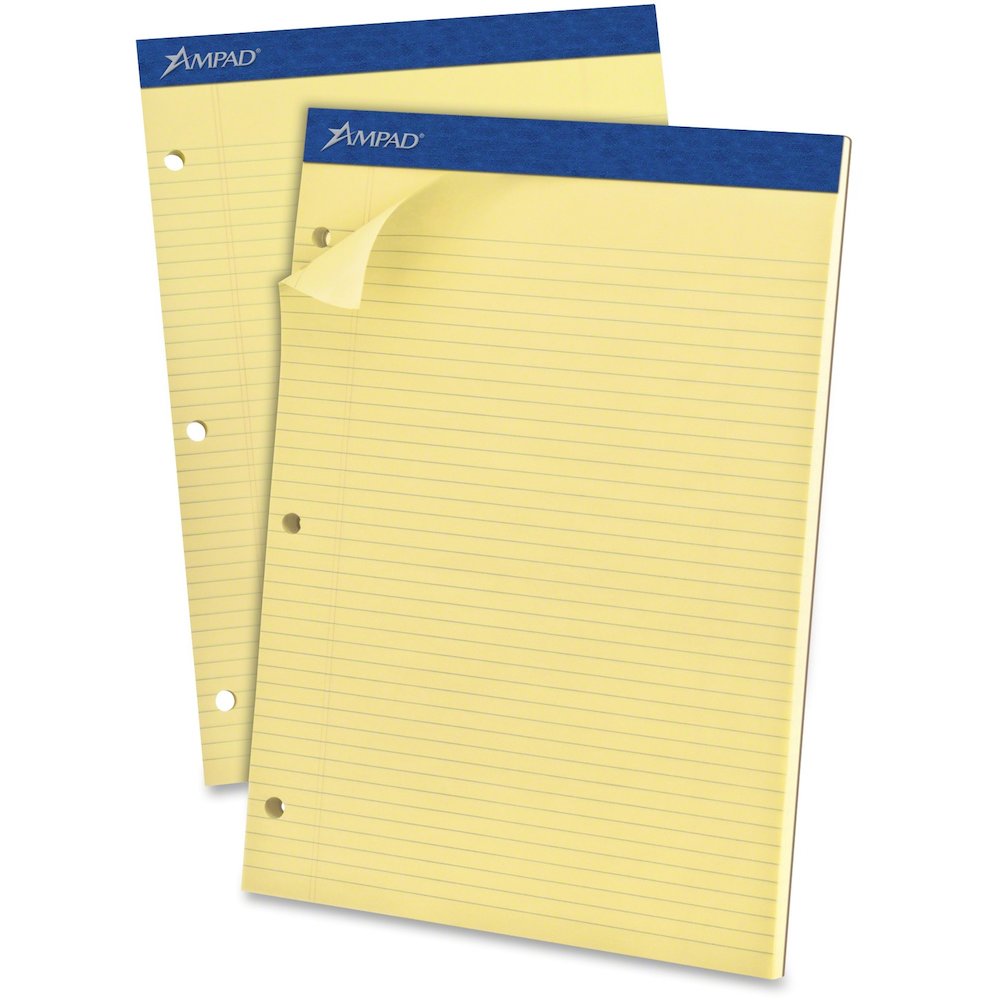Ampad Evidence Narrow Ruled Dual Pad - 100 Sheets - 15 lb Basis Weight - 8 1/2" x 11 3/4" Sheet Size - 11.75" Height x 8.5" Width x 0.4" Depth - Canary Paper - Micro Perforated, Easy Tear, Rigid, Chip. Picture 1