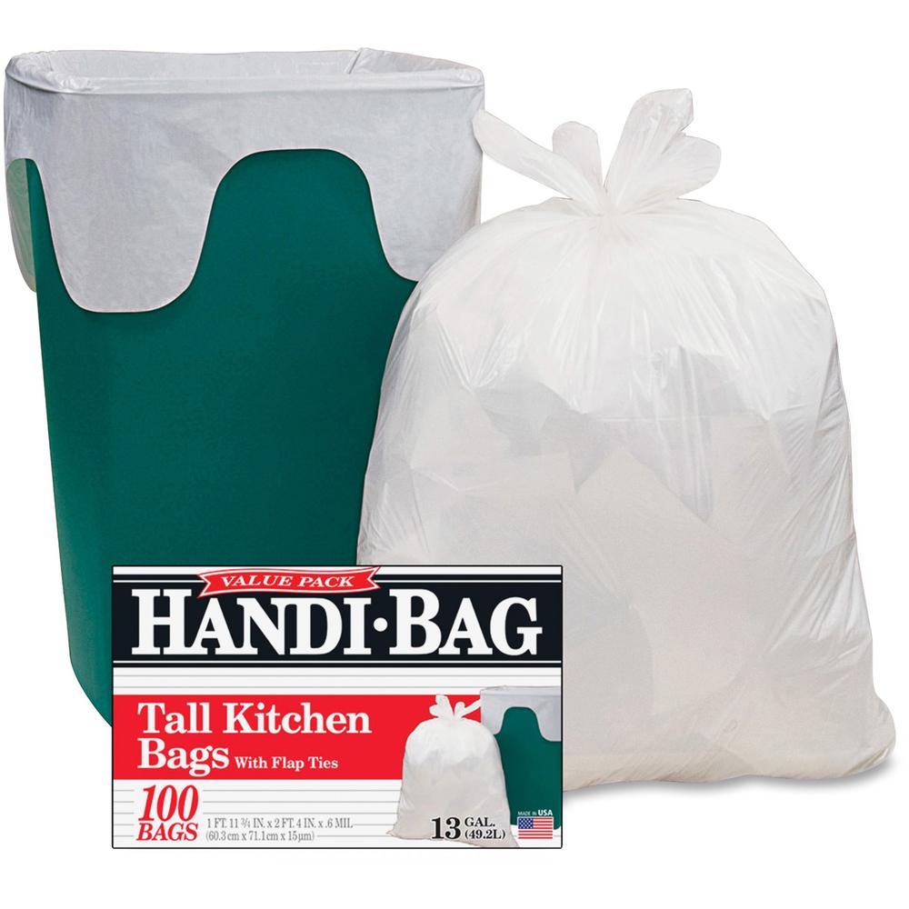 Berry Handi-Bag Flap Tie Tall Kitchen Bags - Small Size - 13 gal Capacity - 23.75" Width x 28" Length - 0.60 mil (15 Micron) Thickness - White - Hexene Resin - 100/Box - Home, Office. Picture 1