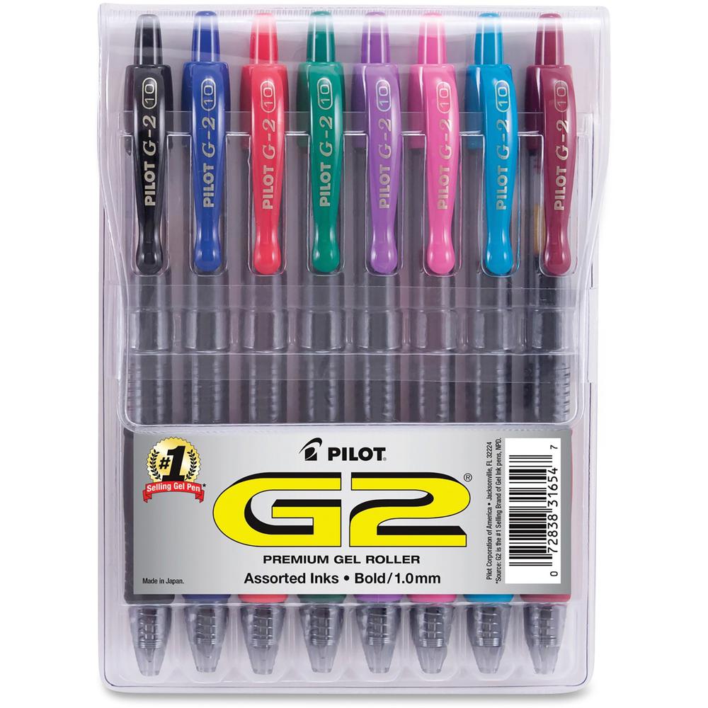 Pilot G2 8-pack Bold Gel Roller Pens - Bold Pen Point - 1 mm Pen Point Size - Retractable - Black, Blue, Burgundy, Green, Pink, Purple, Red, Teal Gel-based Ink - Clear Barrel - 8 / Pack. Picture 1