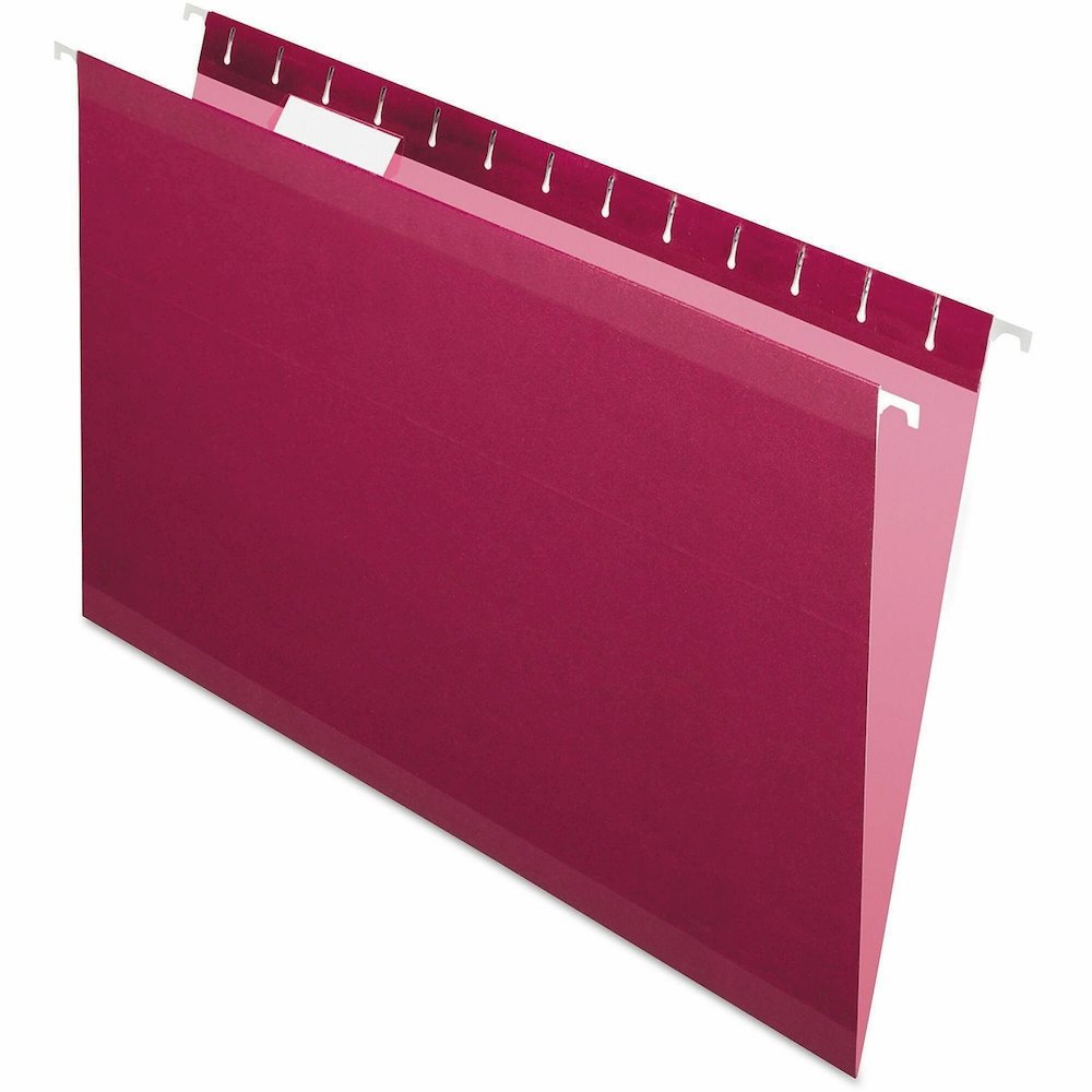 Pendaflex 1/5 Tab Cut Legal Hanging Folder - 8 1/2" x 14" - Internal Pocket - 11 pt. - Burgundy - Reinforced, Tear Resistant, Durable - 25 / Box. Picture 1
