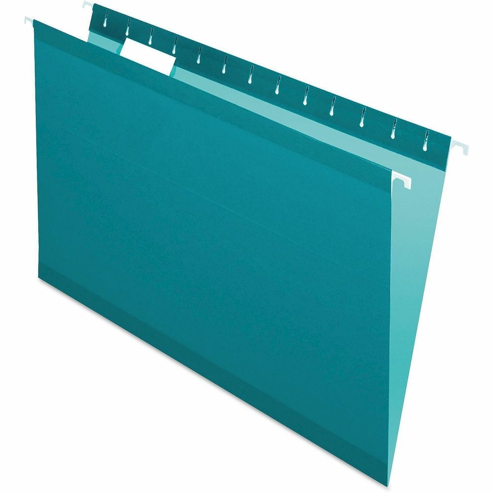 Pendaflex 1/5 Tab Cut Legal Hanging Folder - 8 1/2" x 14" - Internal Pocket - 11 pt. - Teal - Reinforced, Tear Resistant, Durable - 25 / Box. Picture 1