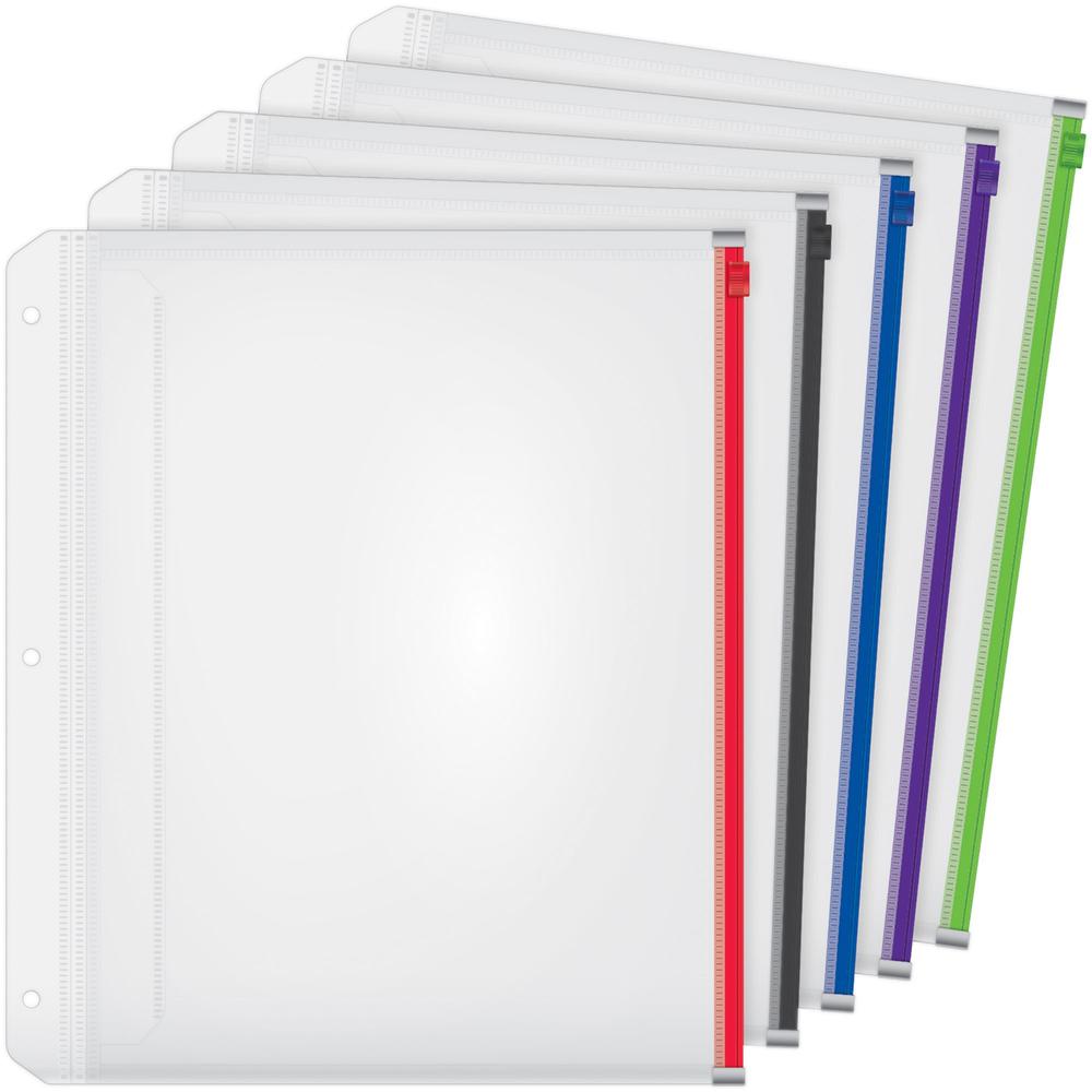 Cardinal Zipper Binder Pockets - 0.50" Maximum Capacity - 100 x Sheet Capacity - For Letter 8 1/2" x 11" Sheet - 3 x Holes - Ring Binder - Rectangular - Blue, Black, Red, Purple, Green - Poly - 5 / Pa. Picture 1