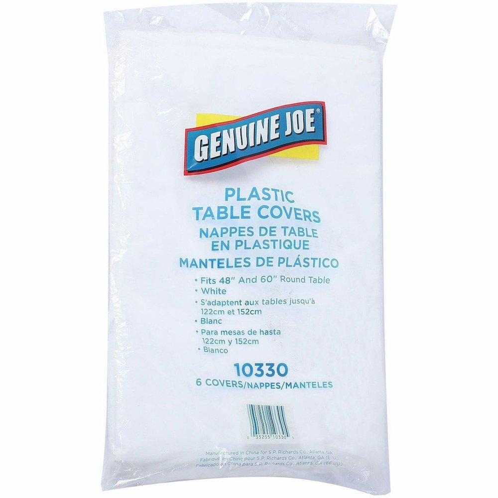 Genuine Joe Plastic Round Tablecovers - 84" Diameter - Plastic - White - 6/Pack - 4 / Carton. Picture 1