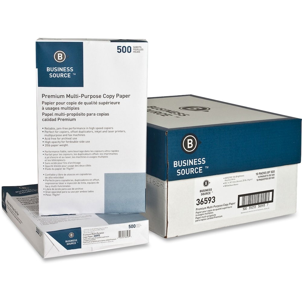 Business Source Premium Multipurpose Copy Paper - White - 92 Brightness - Legal - 8 1/2" x 14" - 20 lb Basis Weight - Acid-free - White - 500 Sheets per Ream - 30 / Pallet. Picture 1