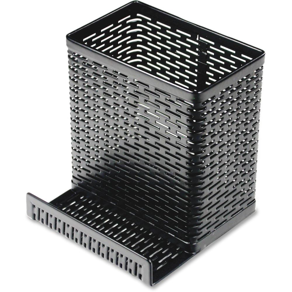 Artistic Punched Metal Pencil Cup/Cell Phone Stand - Metal - 1 Each - Black. Picture 1