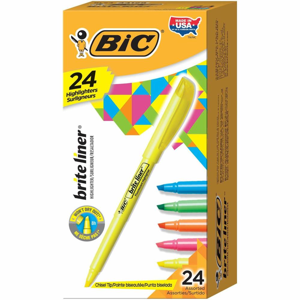 BIC Brite Liner Highlighter, Assorted, 24 Pack - Chisel Marker Point Style - Fluorescent Assorted - 24 Pack. Picture 1