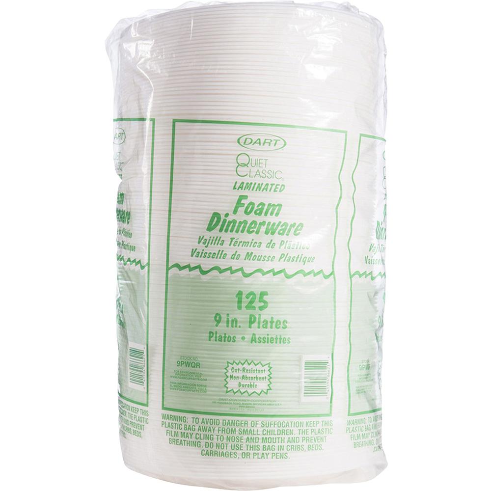 Dart Quiet Classic 9" Laminated Foam Plates - 9" Diameter - White - Foam Body - 125 / Pack. Picture 1