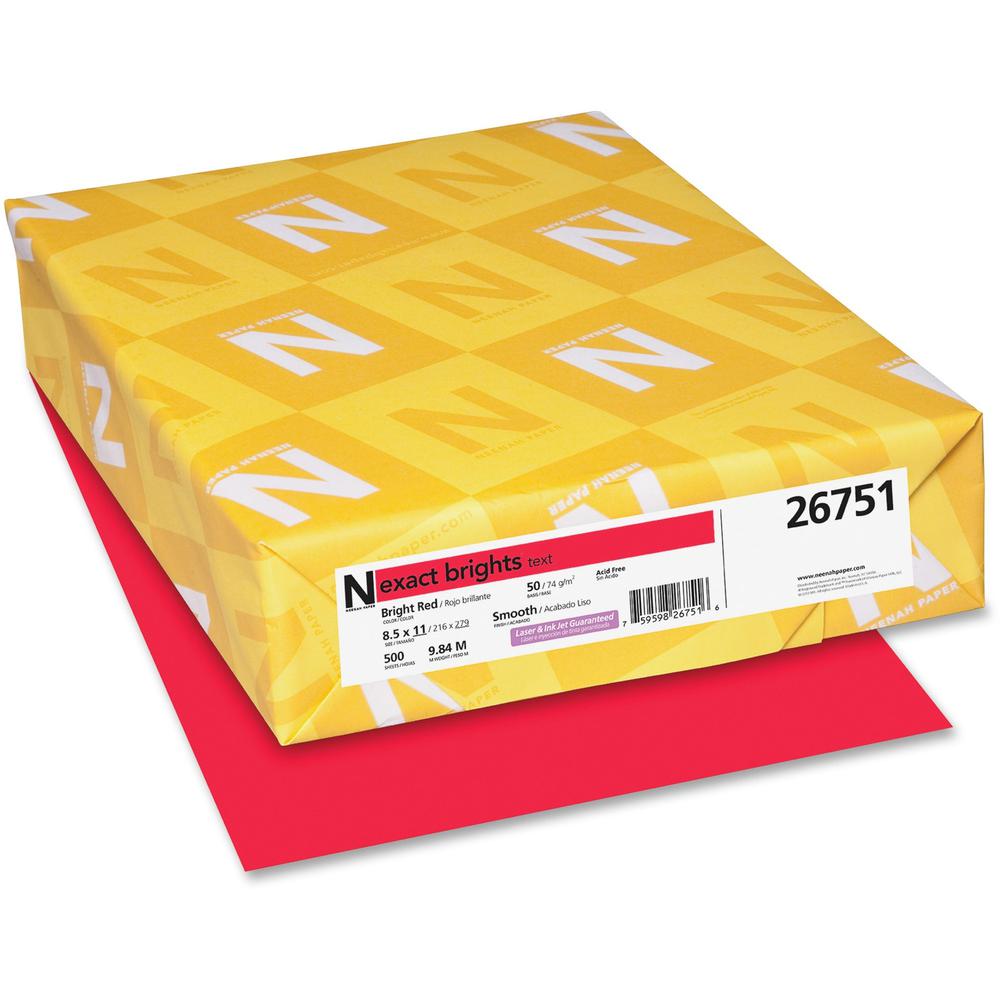 Exact Brights&reg; Smooth Colored Paper - Red - Letter - 8 1/2" x 11" - 50 lb Basis Weight - Smooth - 500 / Pack - Printable, Lignin-free, Acid-free, Elemental Chlorine-free - Bright Red. Picture 1