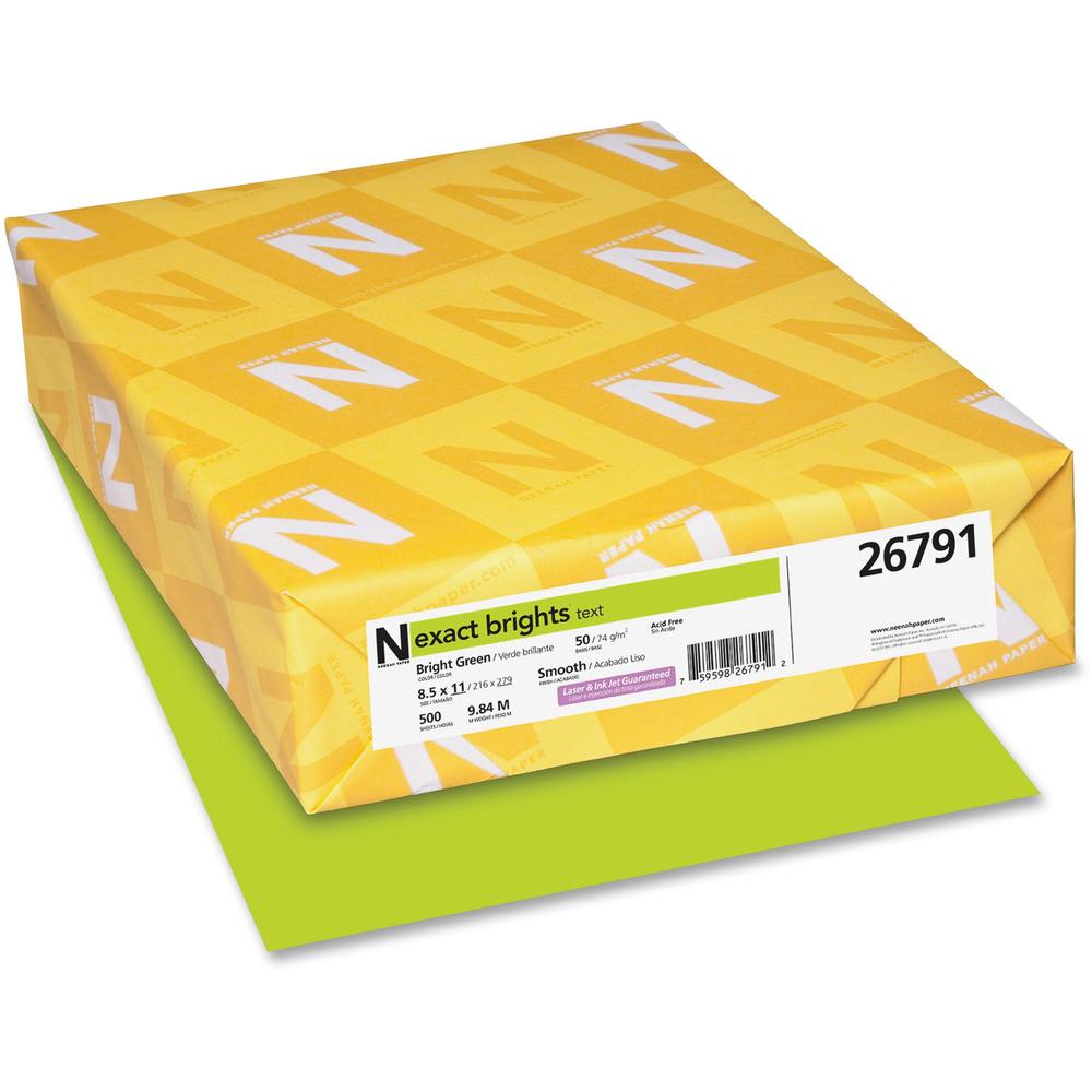 Exact Brights&reg; Smooth Colored Paper - Green - Letter - 8 1/2" x 11" - 50 lb Basis Weight - Smooth - 500 / Pack - Printable, Lignin-free, Acid-free, Elemental Chlorine-free - Bright Green. Picture 1