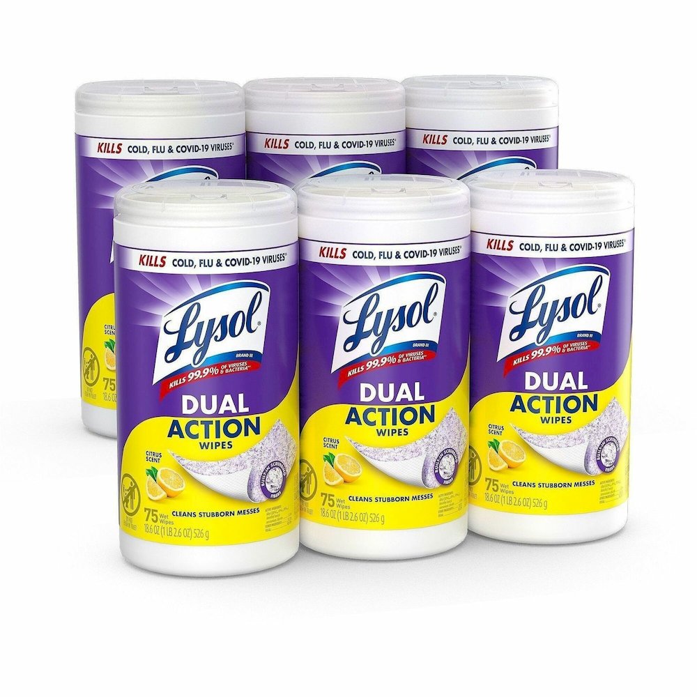 Lysol Dual Action Wipes - For Multipurpose - Wipe - Citrus Scent - 7" Length x 7.25" Width - Recommended For: Virus Remover, Bacteria Remover, Germs Remover, Allergen Remover, Pet Dander Remover, Dust. Picture 1