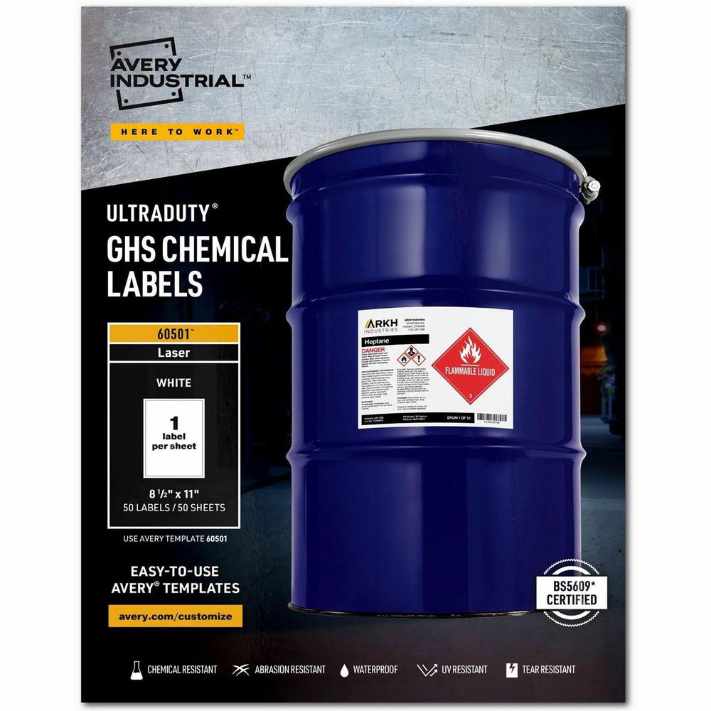 Avery&reg; UltraDuty Warning Label - 8 1/2" Width x 11" Length - Permanent Adhesive - Rectangle - Laser - White - Film - 1 / Sheet - 50 Total Sheets - 50 Total Label(s) - 50 / Box - Water Resistant. Picture 1