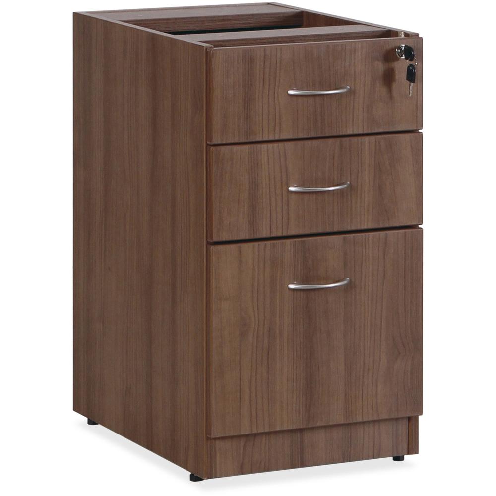 Lorell Essentials Series Box/Box/File Fixed File Cabinet - 28.5" Height x 15.5" Width x 21.9" Depth Pedestal - Total Drawer(s): 3 - Finish: Laminate, Walnut - Built-in Hangrail - For File, File Folder. Picture 1