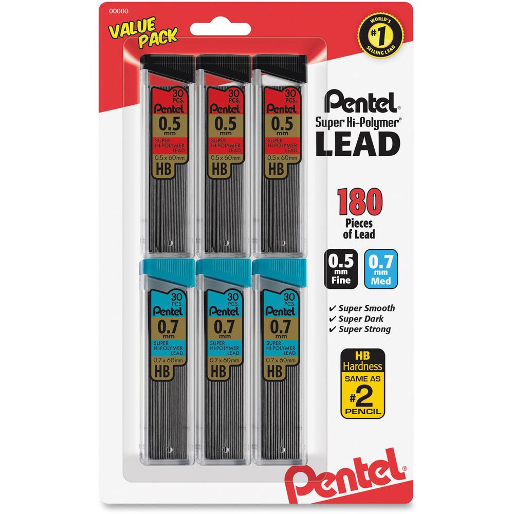 Pentel Super Hi-Polymer Lead Refills Value Pack - 0.5 mm, 0.7 mm Point - #2 - Black - Break Resistant - 6 / Pack. Picture 1