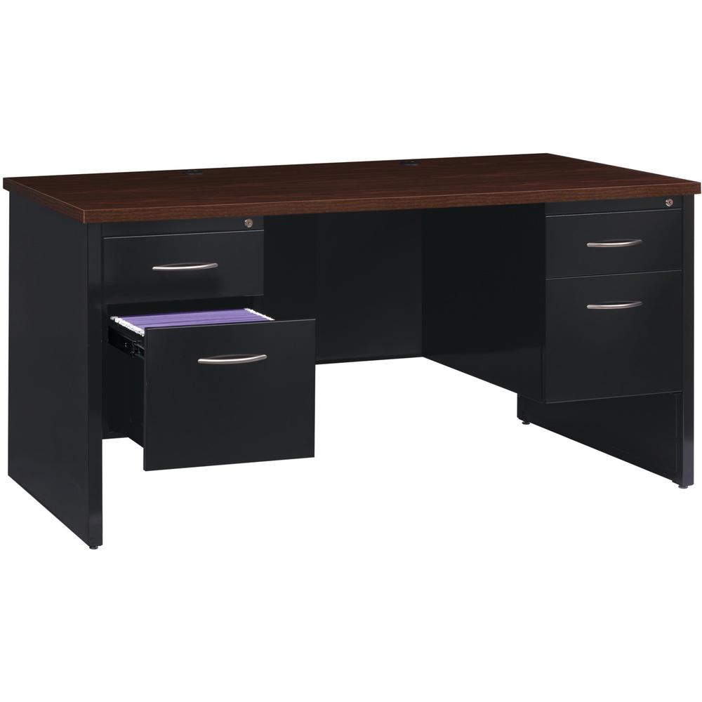 Lorell Fortress Modular Series Double-Pedestal Desk - 60" Width x 30" Depth, x 1.1" Thickness Top - Total Drawer(s): 4 - Double Pedestal - Material: Steel - Finish: Walnut Laminate, Black - Scratch Re. Picture 1