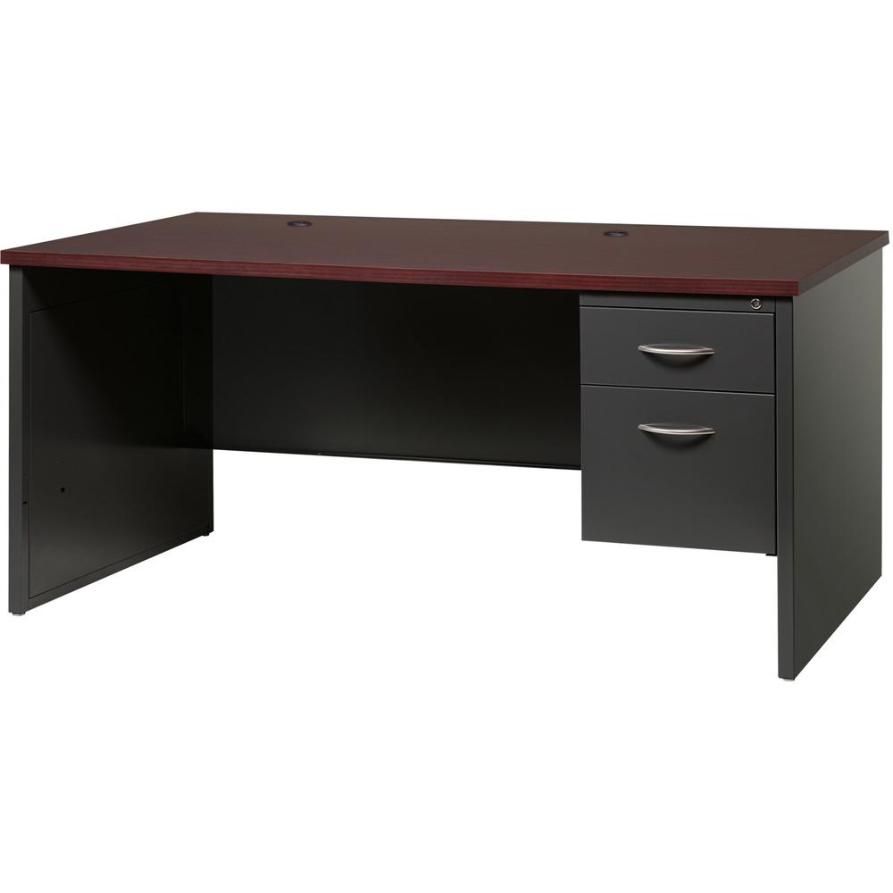 Lorell Fortress Modular Series Right-Pedestal Desk - 66" Width x 30" Depth, x 1.1" Thickness Top - Total Drawer(s): 2 - Single Pedestal on Right Side - Material: Steel - Finish: Mahogany Laminate, Cha. Picture 1