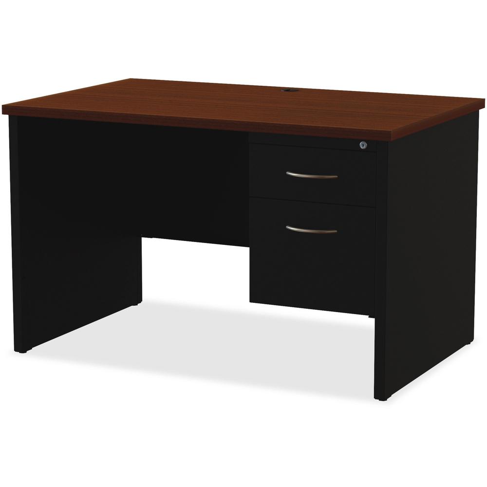 Lorell Modular 48"W x 30"D Right Pedestal Desk, Black/Walnut - 48" Width x 30" Depth, x 1.1" Thickness Top - Total Drawer(s): 2 - Single Pedestal on Right Side - Material: Steel - Finish: Walnut Lamin. Picture 1
