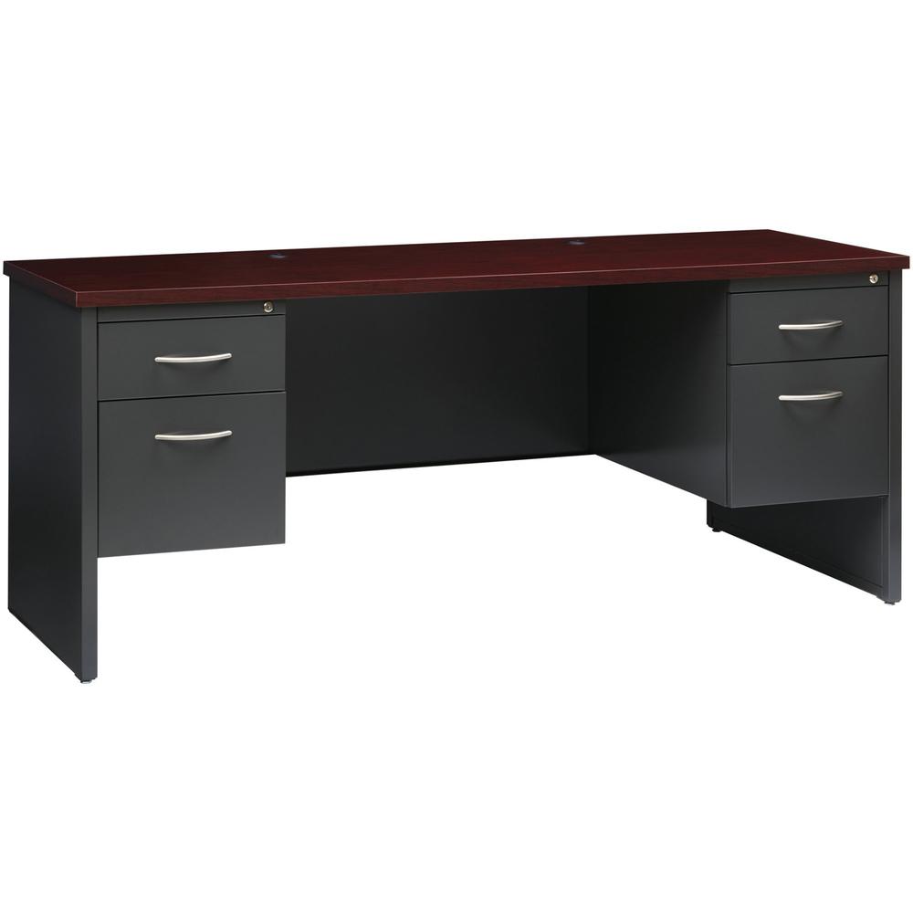 Lorell Fortress Modular Series Double-pedestal Credenza - 72" Width x 24" Depth, x 1.1" Thickness Top - Total Drawer(s): 2 - Double Pedestal - Material: Steel - Finish: Mahogany Laminate, Charcoal - S. Picture 1