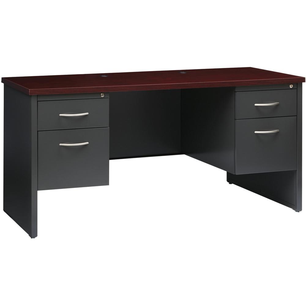 Lorell Fortress Modular Series Double-pedestal Credenza - 60" x 24" , 1.1" Top - 2 x Box, File Drawer(s) - Double Pedestal - Material: Steel - Finish: Mahogany Laminate, Charcoal - Scratch Resistant, . Picture 1