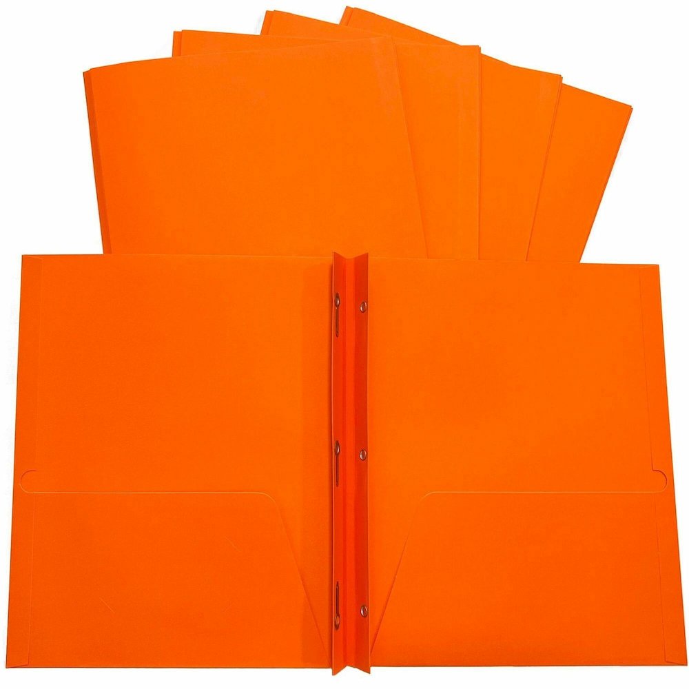 Sparco Letter Pocket Folder - 8 1/2" x 11" - 3 x Double Prong Fastener - 2 Internal Pocket - Orange - 25 / Box. Picture 1