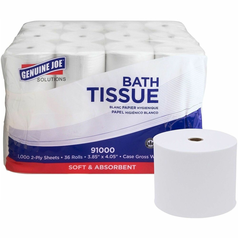 Genuine Joe Solutions Double Capacity Bath Tissue - 2 Ply - 1000 Sheets/Roll - 45/64" Core - White - Virgin Fiber - 36 / Carton. Picture 1