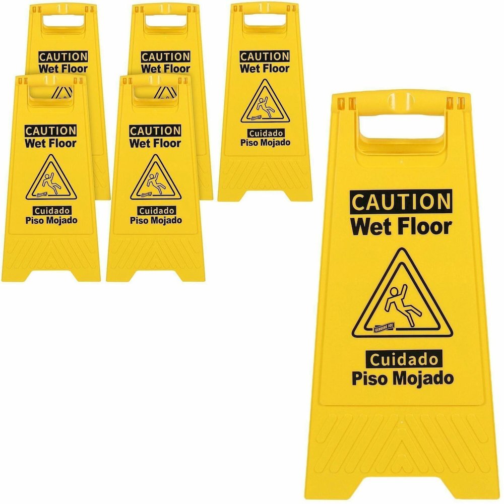 Genuine Joe Universal Graphic Wet Floor Sign - English, Spanish - Print/Message "Wet Floor" - Foldable - Yellow - 2 / Carton. Picture 1