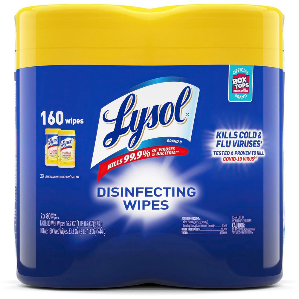 Lysol Disinfecting Wipes - Lemon Lime Scent - 80 / Canister - 2 / Pack - Pre-moistened, Disinfectant, Antibacterial - White. Picture 1