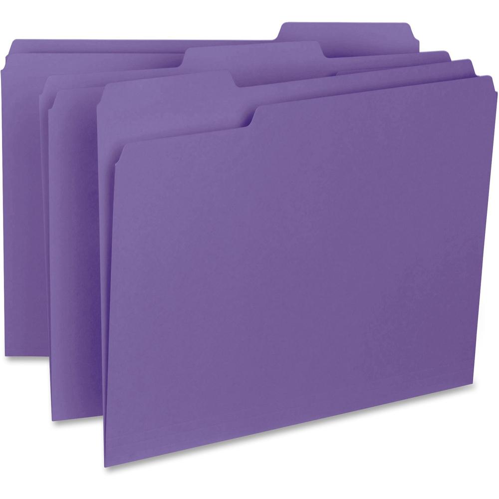 Business Source 1/3 Tab Cut Letter Recycled Top Tab File Folder - 8 1/2" x 11" - Top Tab Location - Assorted Position Tab Position - Purple - 10% Recycled - 100 / Box. Picture 1