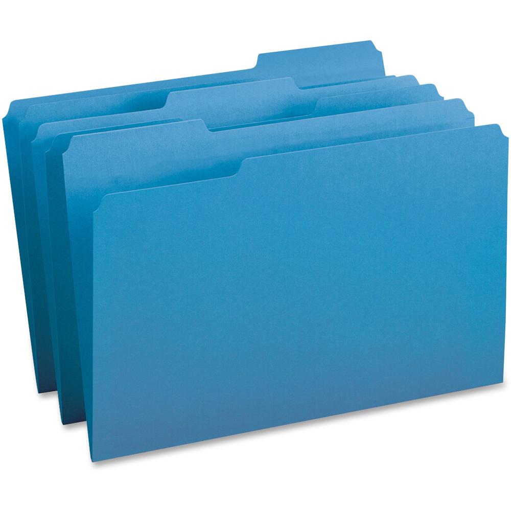 Business Source 1/3 Tab Cut Legal Recycled Top Tab File Folder - 8 1/2" x 14" - Top Tab Location - Assorted Tab Position - 11 pt. - 1 Plys - Blue - 10% Recycled - 100 / Box. Picture 1