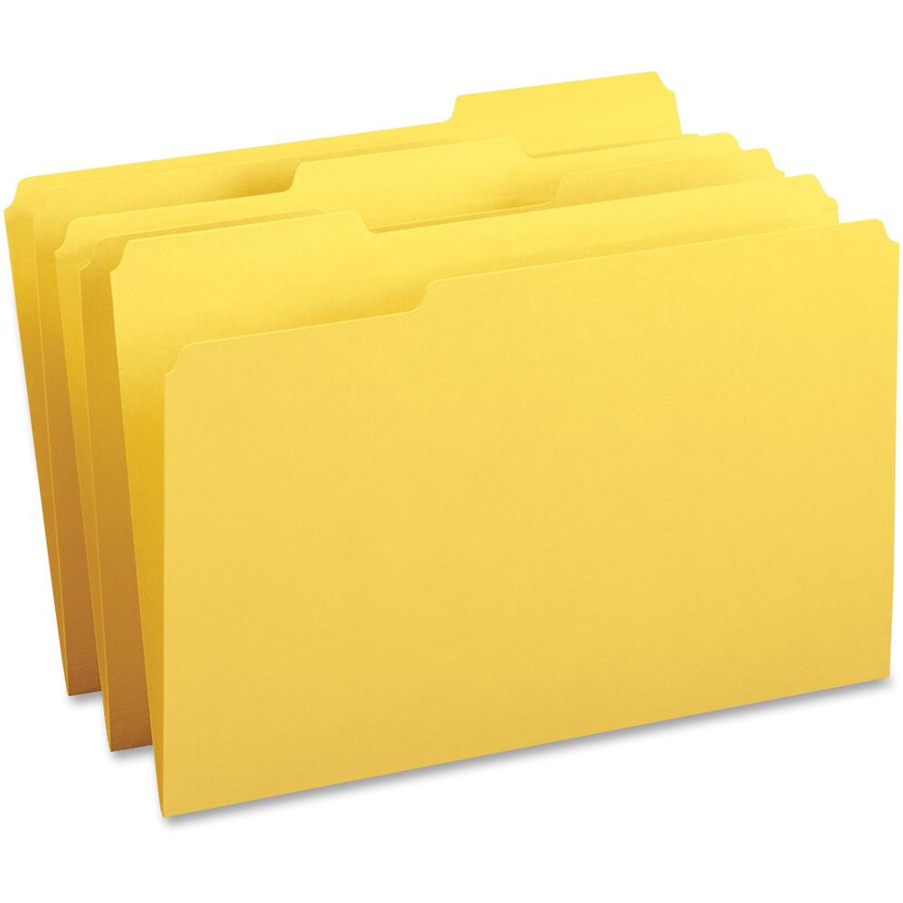 Business Source 1/3 Tab Cut Legal Recycled Top Tab File Folder - 8 1/2" x 14" - Top Tab Location - Assorted Tab Position - 11 pt. - 1 Plys - Yellow - 10% Recycled - 100 / Box. Picture 1