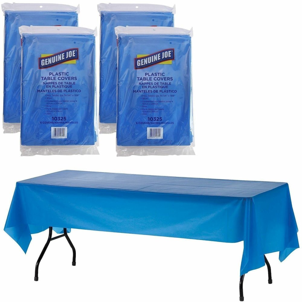 Genuine Joe Plastic Rectangular Table Covers - 108" Length x 54" Width - Plastic - Blue - 6/Pack - 4 / Carton. Picture 1