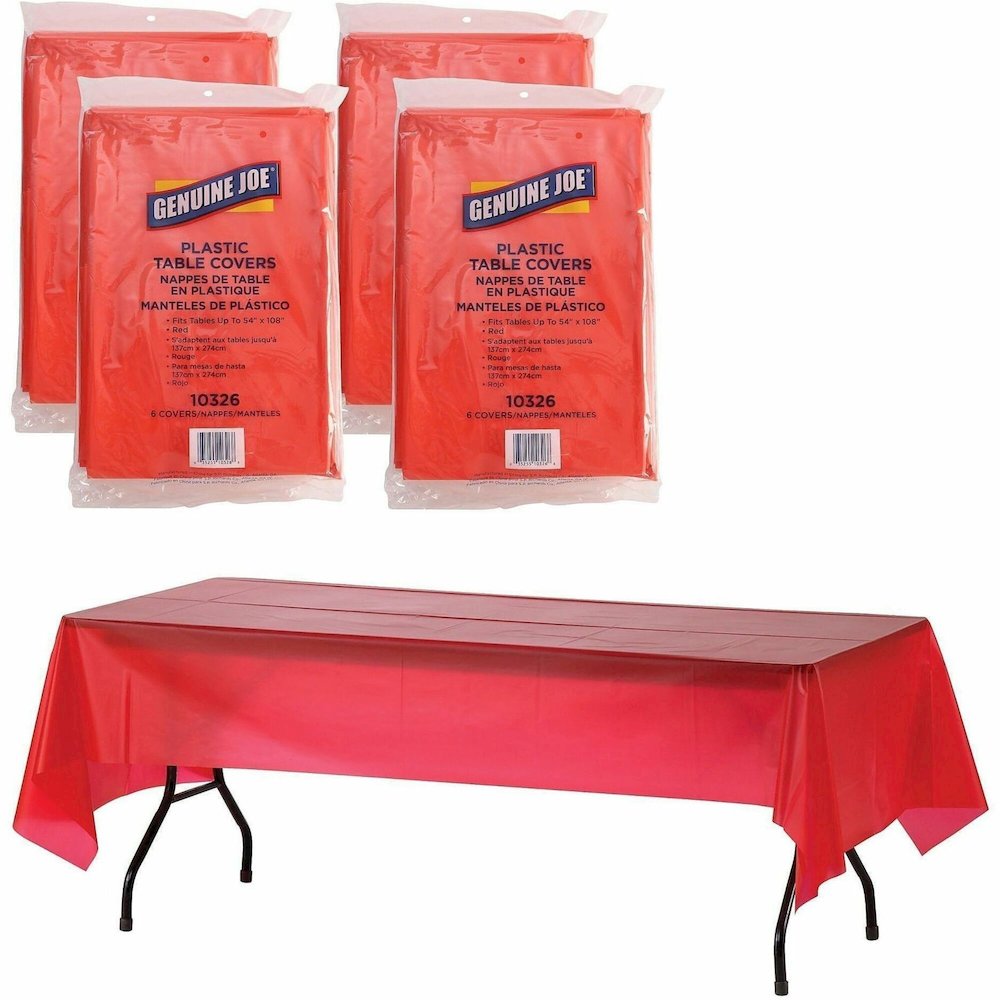Genuine Joe Plastic Rectangular Table Covers - 108" Length x 54" Width - Plastic - Red - 6/Pack - 4 / Carton. Picture 1